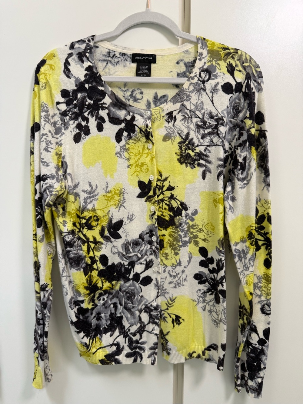 Lord & Taylor Lemon Yellow & White Floral Cardigan XL Summer Italy Lemoncello
